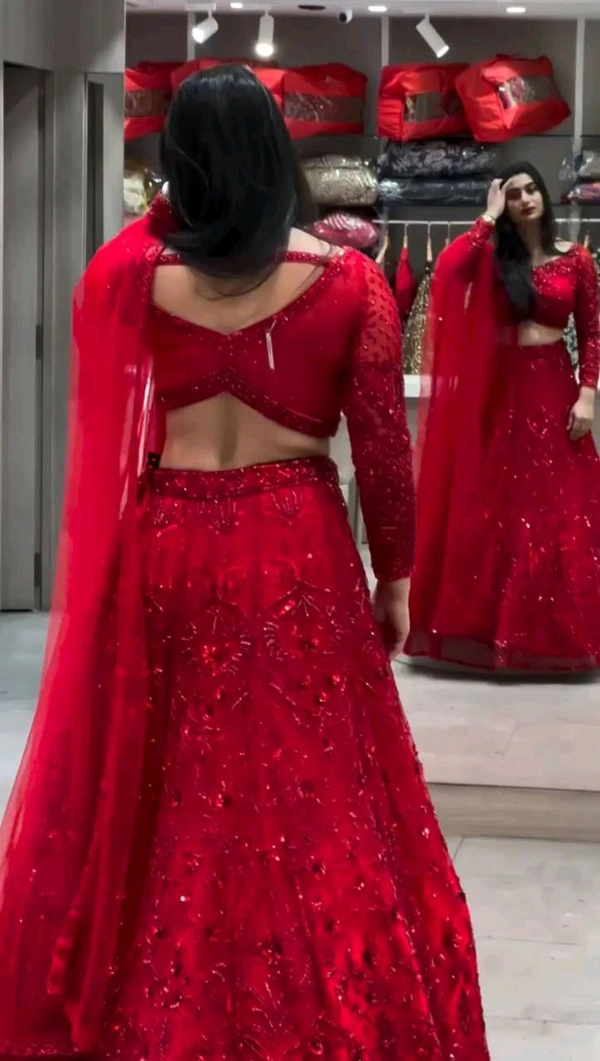 Launching Coding Sequins Work 4 meter flared Butterfly Net Lehenga - Red, Free Size