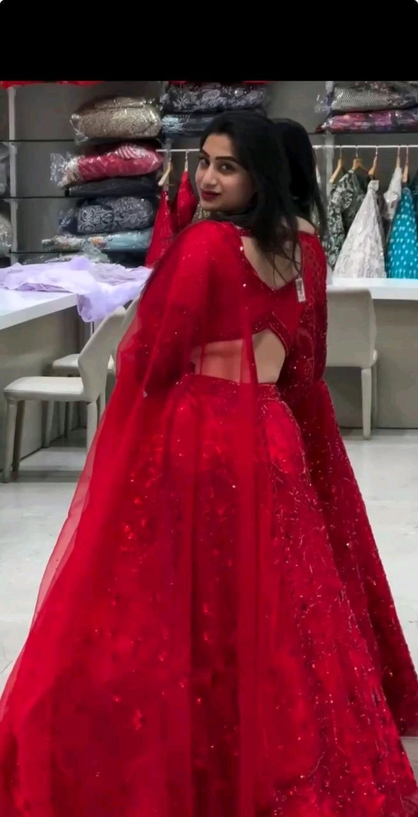 Launching Coding Sequins Work 4 meter flared Butterfly Net Lehenga - Red, Free Size