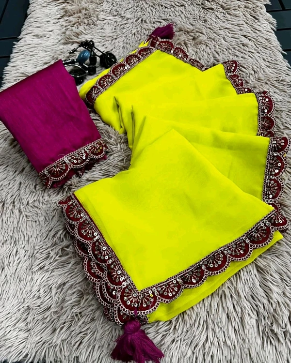 georjet boder saree lonch - Bitter Lemon, Free Size