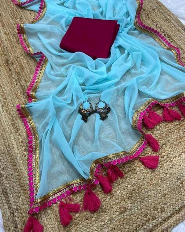 Solid/Plain Mangalagiri Georgette Saree (Pack of 2, Black, Pink) - Fountain Blue, Free Size