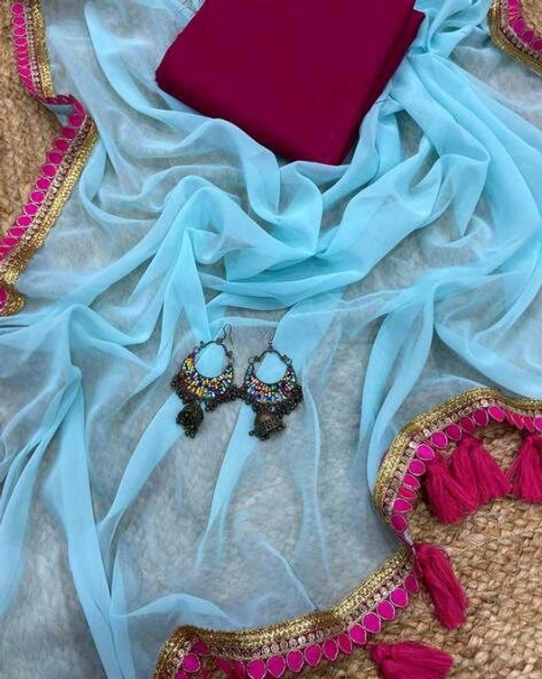 Solid/Plain Mangalagiri Georgette Saree (Pack of 2, Black, Pink) - Fountain Blue, Free Size