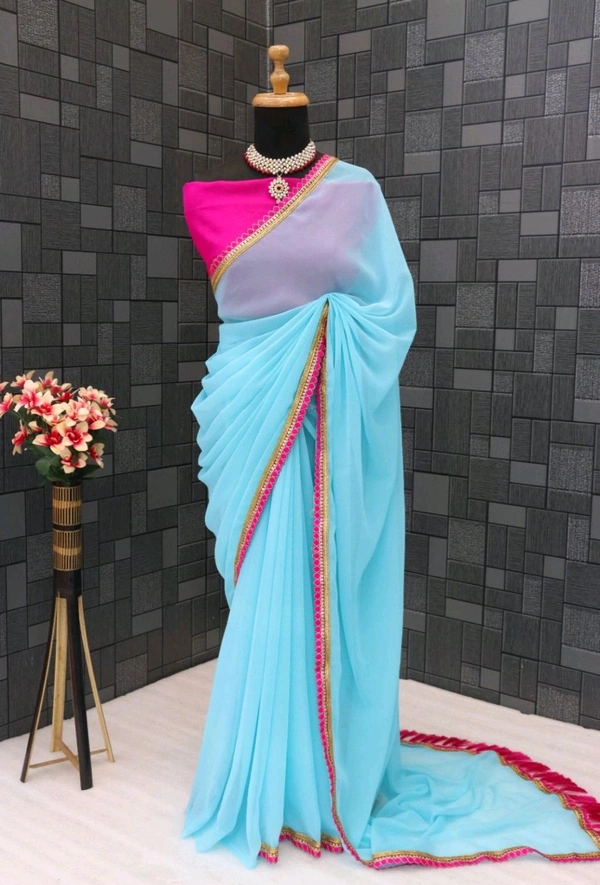 Solid/Plain Mangalagiri Georgette Saree (Pack of 2, Black, Pink) - Fountain Blue, Free Size