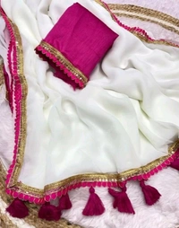 Solid/Plain Mangalagiri Georgette Saree (Pack of 2, Black, Pink) - White, Free Size