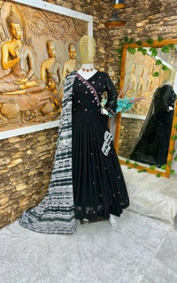 Elegant White Color Georgette Embroidery Sequence Gown - Black, L