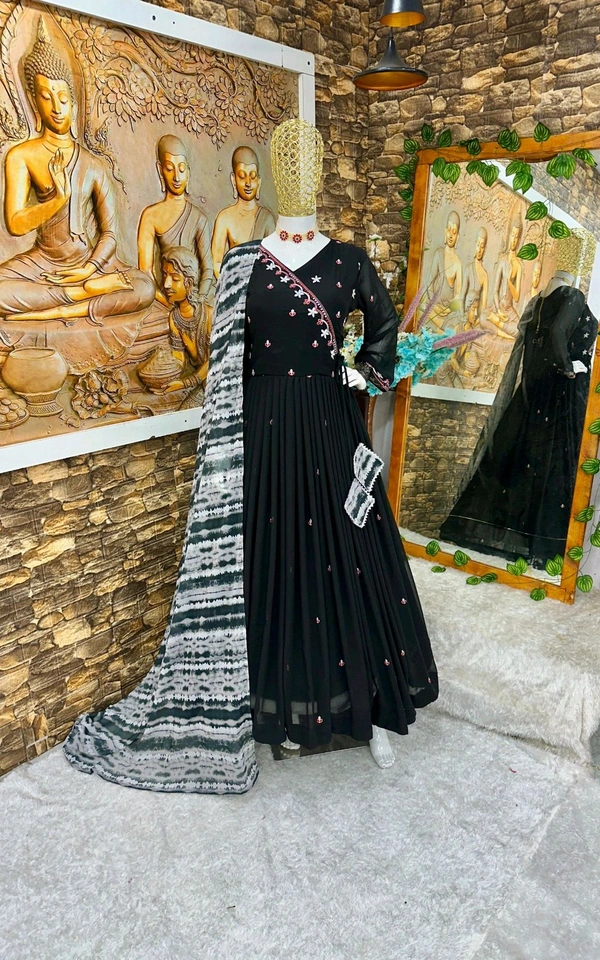 Elegant White Color Georgette Embroidery Sequence Gown - Black, M