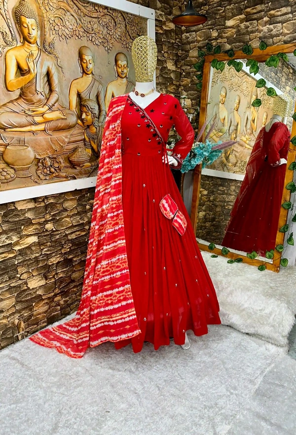 Elegant White Color Georgette Embroidery Sequence Gown - Guardsman Red, XL