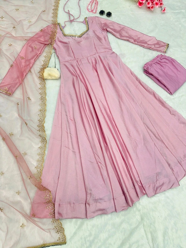 Delightful Light Pink Anarkali Gown With Net Dupatta - Black, XL