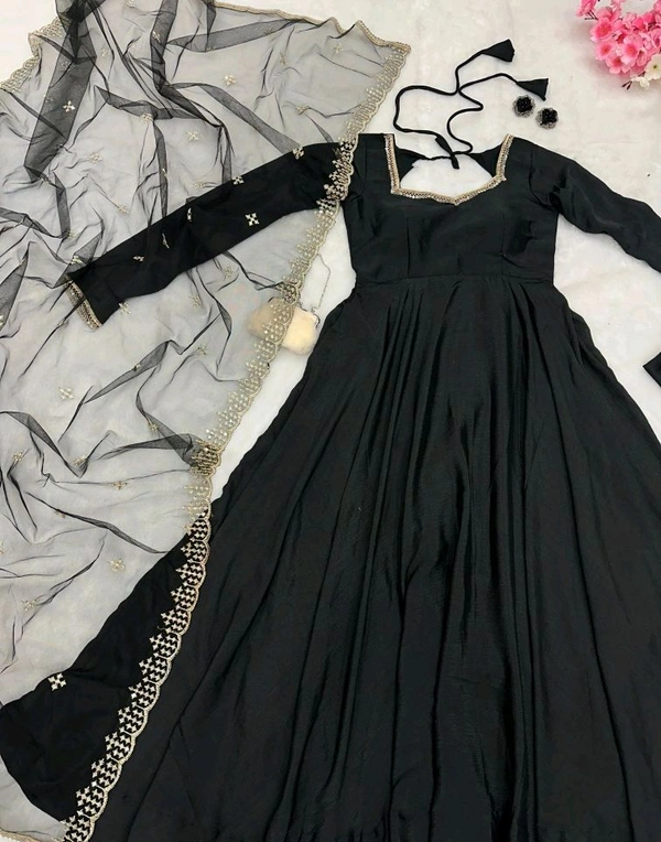 Delightful Light Pink Anarkali Gown With Net Dupatta - Black, XS