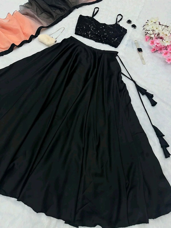 Black and Pink Lehenga Choli in Sequence Georgette Blouse and Satin Lehenga - Black, Free Size