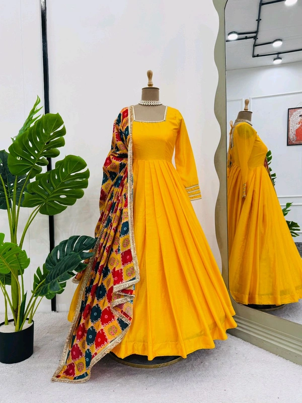 Festive Special Yellow Chinon Silk Gown - Tangerine, M