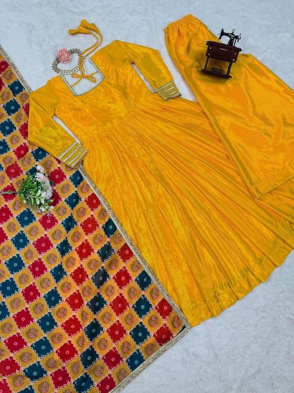 Festive Special Yellow Chinon Silk Gown - Tangerine, M