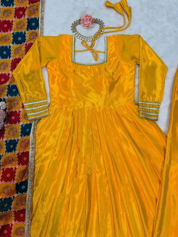 Festive Special Yellow Chinon Silk Gown - Tangerine, XL