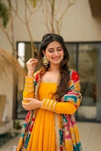 Festive Special Yellow Chinon Silk Gown - Tangerine, XXL