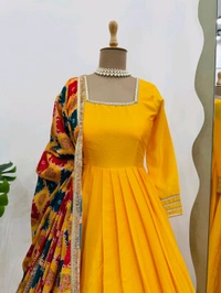 Festive Special Yellow Chinon Silk Gown - Tangerine, XXL