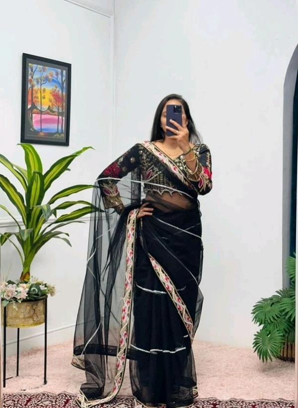 Party Wear Butterfly Net Moti Saree - Black, Free Size