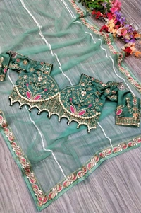 Party Wear Butterfly Net Moti Saree - Oracle, Free Size