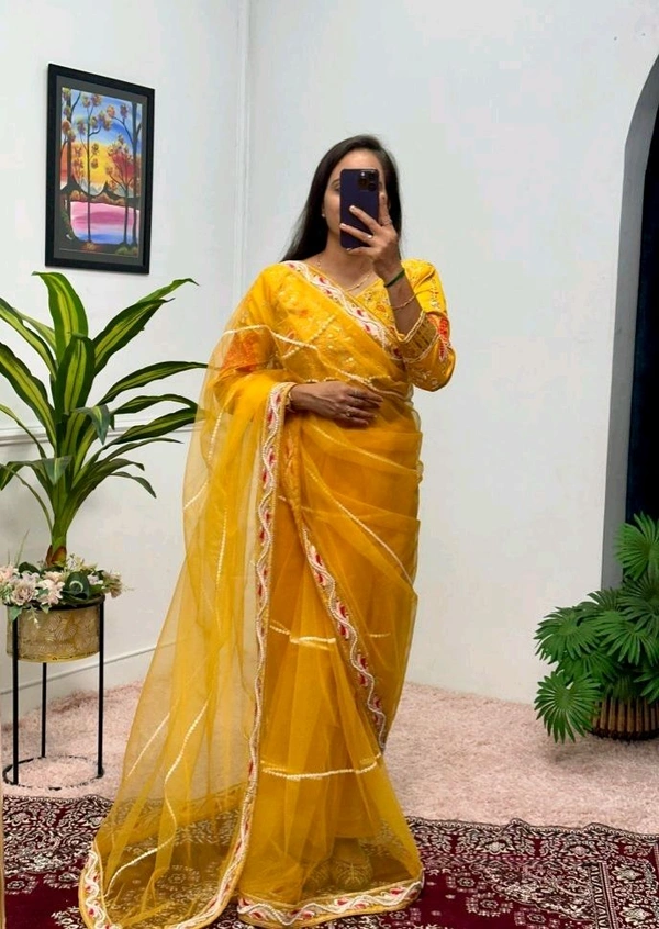 Party Wear Butterfly Net Moti Saree - Galliano, Free Size