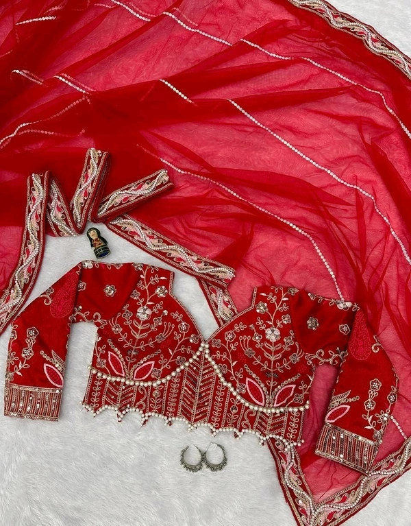 Party Wear Butterfly Net Moti Saree - Red, Free Size