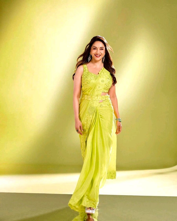 MADHURI MAAM INSPIRED PREMIUM DESIGNER GEORGETTE BANARASI SILK SAREE - Citrus, Free Size