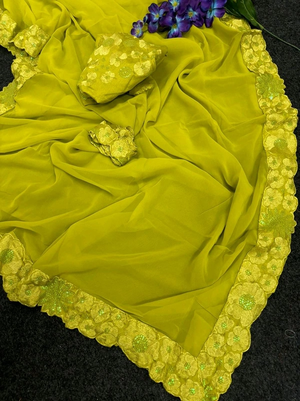 MADHURI MAAM INSPIRED PREMIUM DESIGNER GEORGETTE BANARASI SILK SAREE - Citrus, Free Size