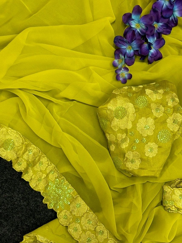 MADHURI MAAM INSPIRED PREMIUM DESIGNER GEORGETTE BANARASI SILK SAREE - Citrus, Free Size
