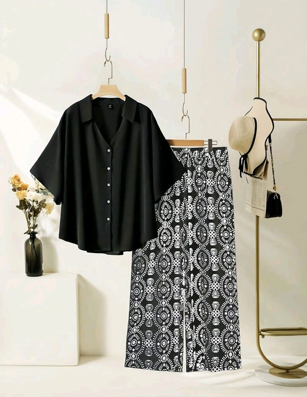 ELEGANT PINE GREEN TOP WITH GRAPHIC PALAZZO SET - Black, L