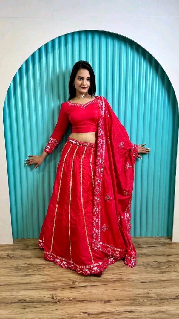 Two tone slub silk lehnga with foil paper work Lehenga - Red, Free Size