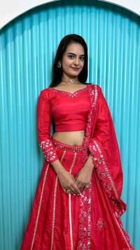 Two tone slub silk lehnga with foil paper work Lehenga - Red, Free Size
