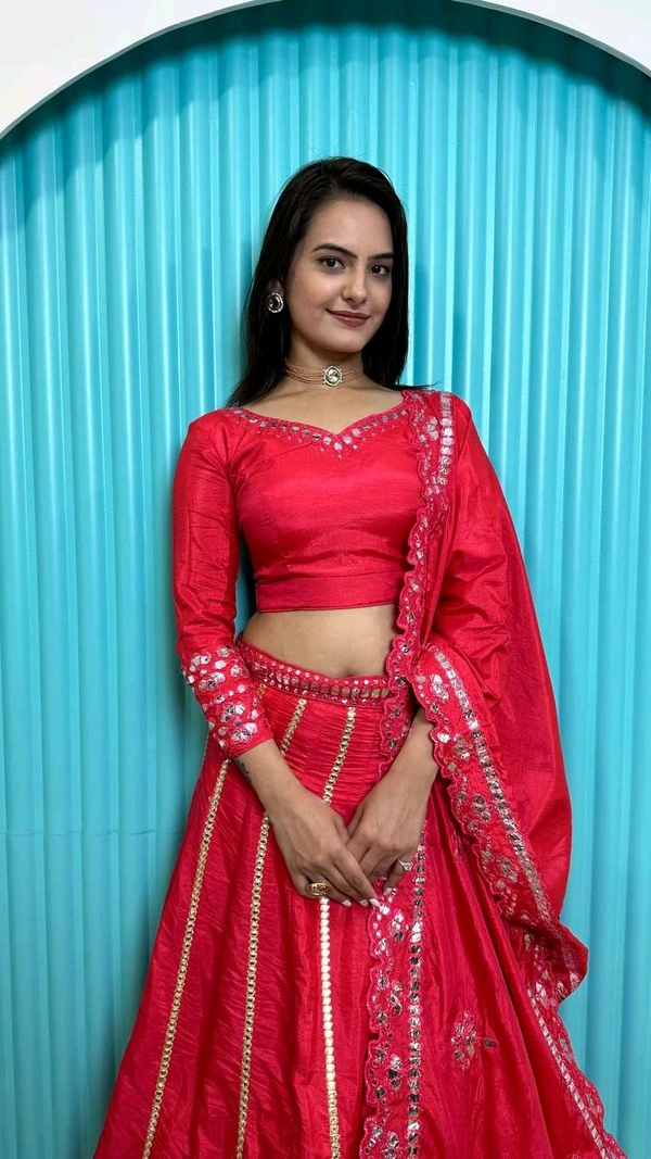 Two tone slub silk lehnga with foil paper work Lehenga - Red, Free Size