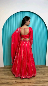 Two tone slub silk lehnga with foil paper work Lehenga - Red, Free Size
