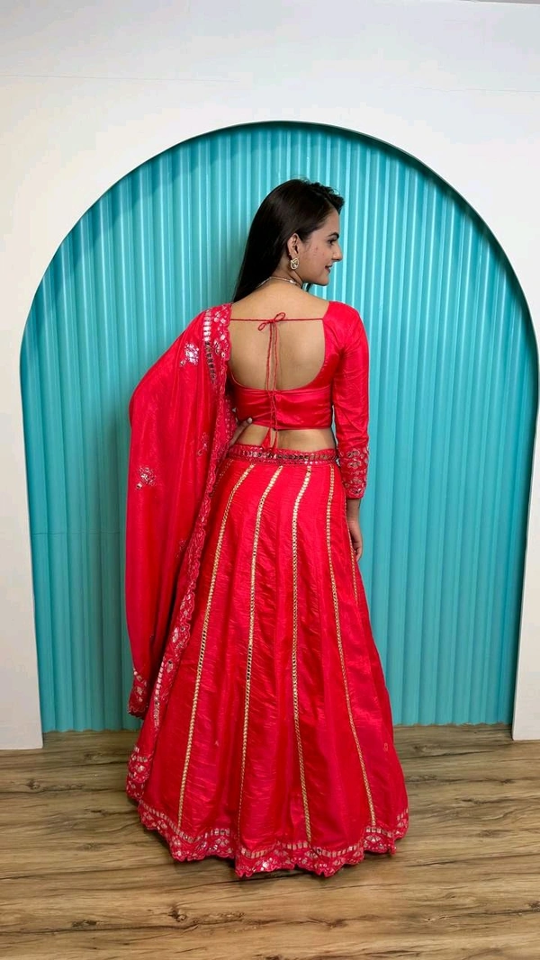 Two tone slub silk lehnga with foil paper work Lehenga - Red, Free Size