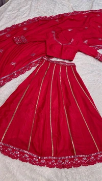 Two tone slub silk lehnga with foil paper work Lehenga - Red, Free Size