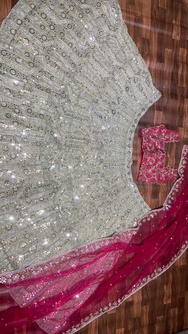 Grey Colour Designer Sequence Work On Premium Georgette Lehenga Choli - Free Size, Camouflage Green
