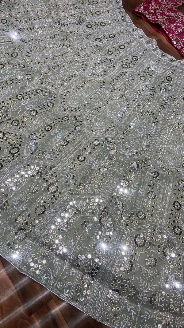 Grey Colour Designer Sequence Work On Premium Georgette Lehenga Choli - Free Size, Camouflage Green