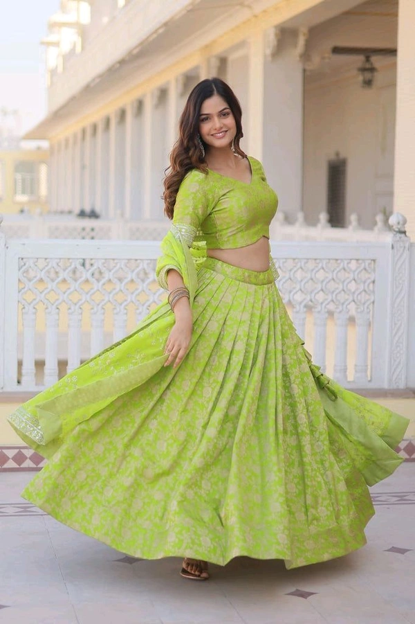 Green Dazzling Designer Dyeable Pure Viscose Jacquard Lehenga Choli Set with Sequins Embroidery - Sushi, Free Size