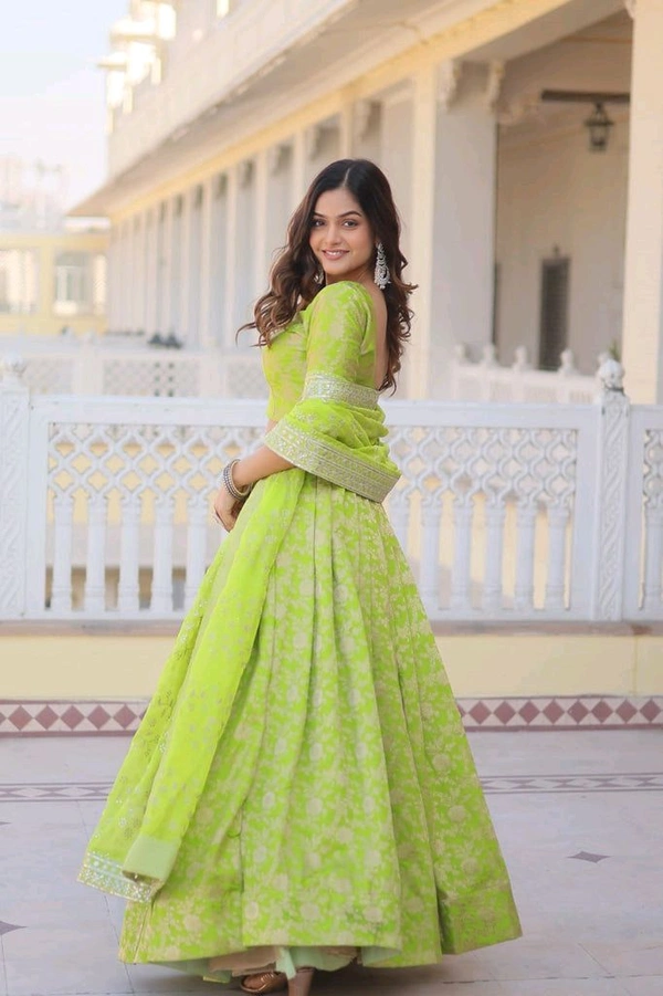 Green Dazzling Designer Dyeable Pure Viscose Jacquard Lehenga Choli Set with Sequins Embroidery - Sushi, Free Size