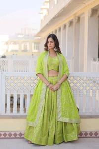 Green Dazzling Designer Dyeable Pure Viscose Jacquard Lehenga Choli Set with Sequins Embroidery - Sushi, Free Size