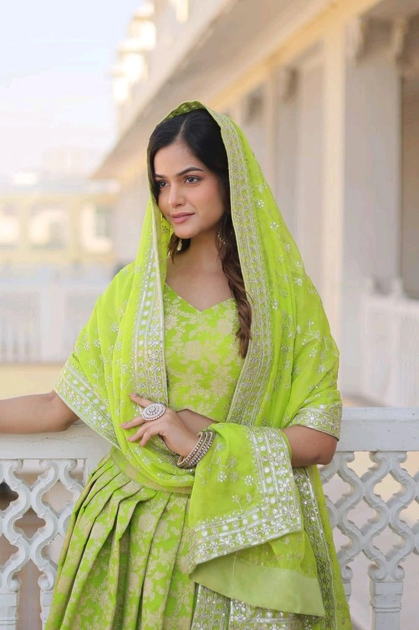Green Dazzling Designer Dyeable Pure Viscose Jacquard Lehenga Choli Set with Sequins Embroidery - Sushi, Free Size