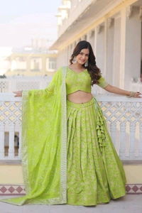 Green Dazzling Designer Dyeable Pure Viscose Jacquard Lehenga Choli Set with Sequins Embroidery - Sushi, Free Size