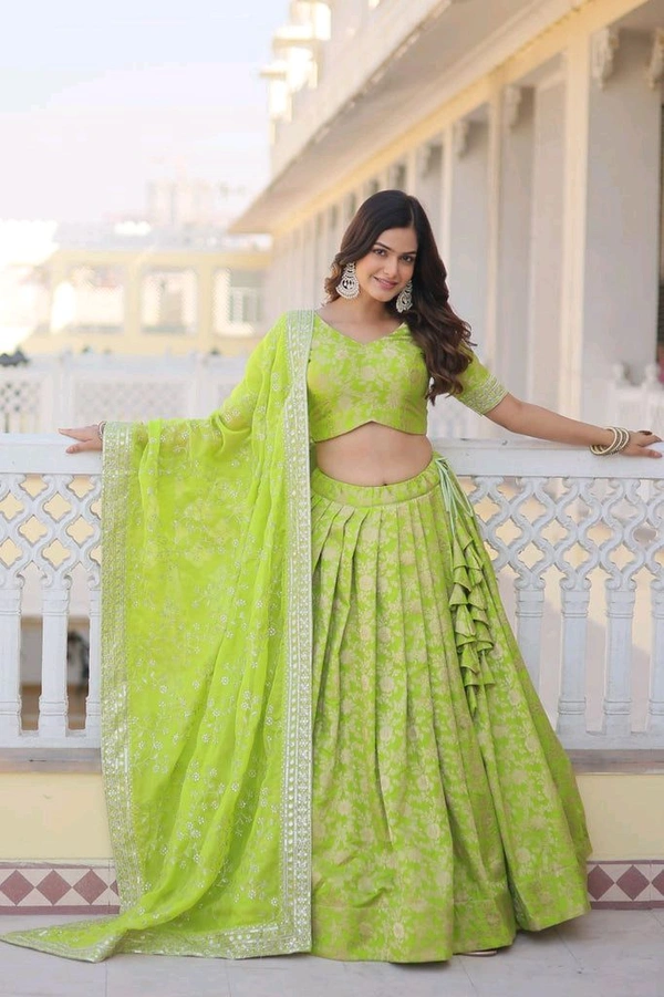Green Dazzling Designer Dyeable Pure Viscose Jacquard Lehenga Choli Set with Sequins Embroidery - Sushi, Free Size