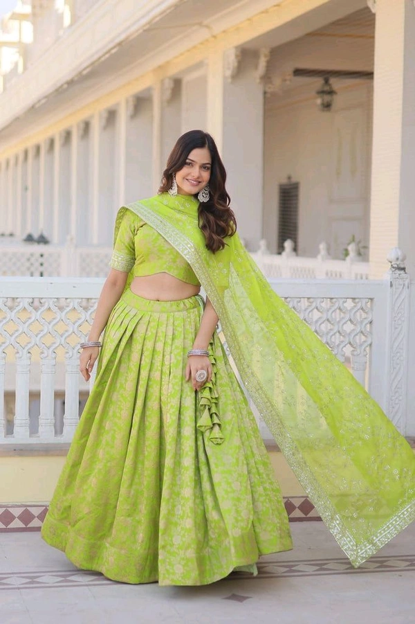 Green Dazzling Designer Dyeable Pure Viscose Jacquard Lehenga Choli Set with Sequins Embroidery - Sushi, Free Size