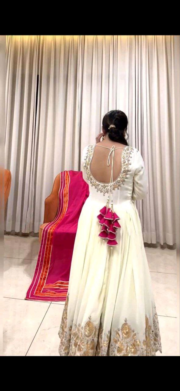New Designer Faux Georgette Ready to Wear Party gown & pent Dupatta Set - White, L