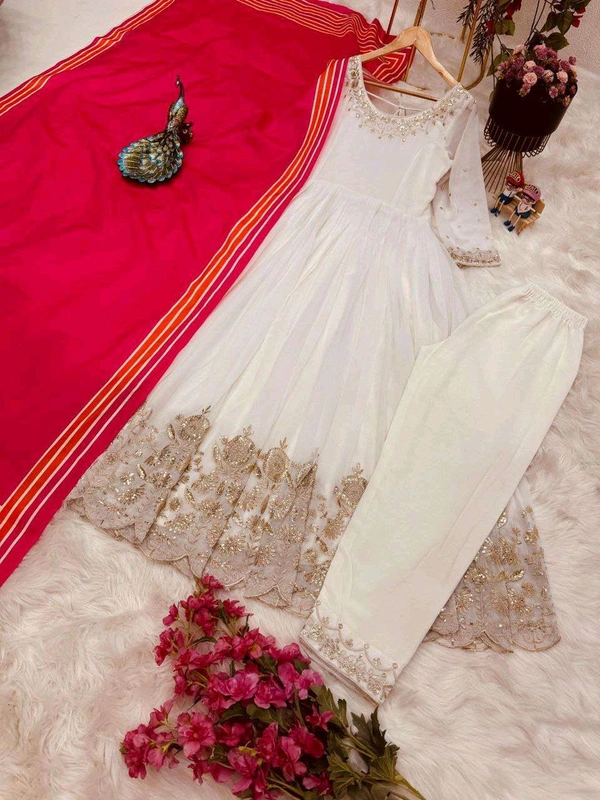 New Designer Faux Georgette Ready to Wear Party gown & pent Dupatta Set - White, XL