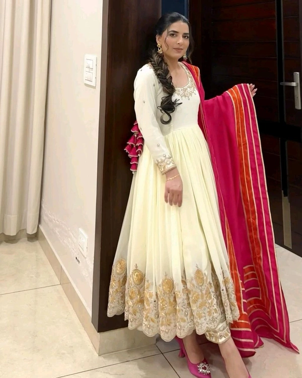 New Designer Faux Georgette Ready to Wear Party gown & pent Dupatta Set - White, XXL
