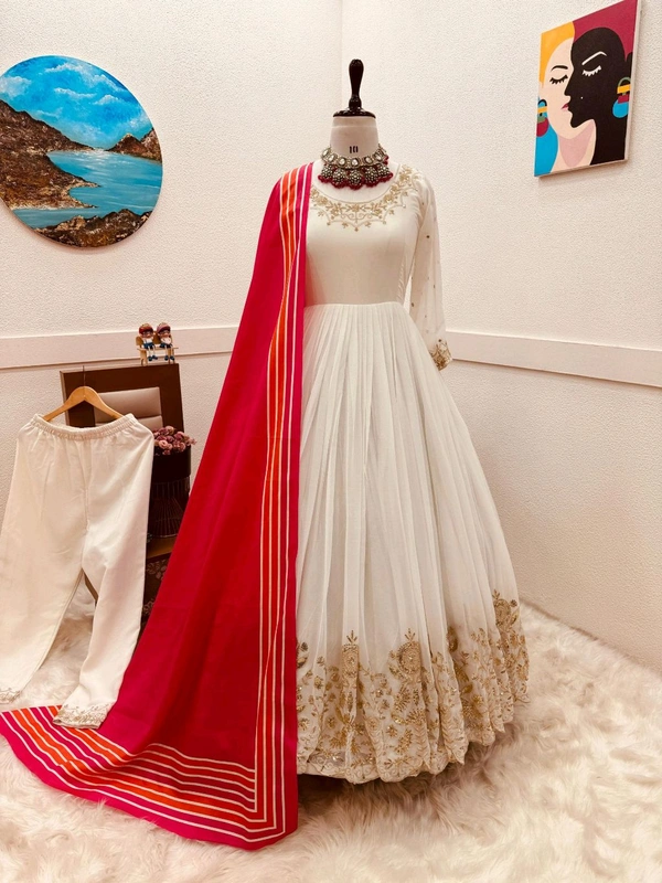 New Designer Faux Georgette Ready to Wear Party gown & pent Dupatta Set - White, XXL