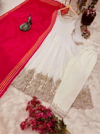 New Designer Faux Georgette Ready to Wear Party gown & pent Dupatta Set - White, XXL
