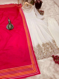 New Designer Faux Georgette Ready to Wear Party gown & pent Dupatta Set - White, XXL