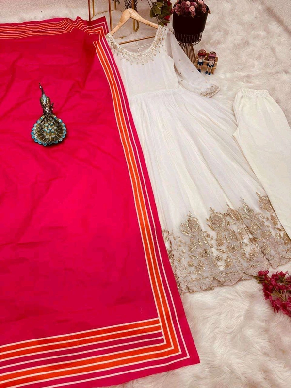 New Designer Faux Georgette Ready to Wear Party gown & pent Dupatta Set - White, XXL