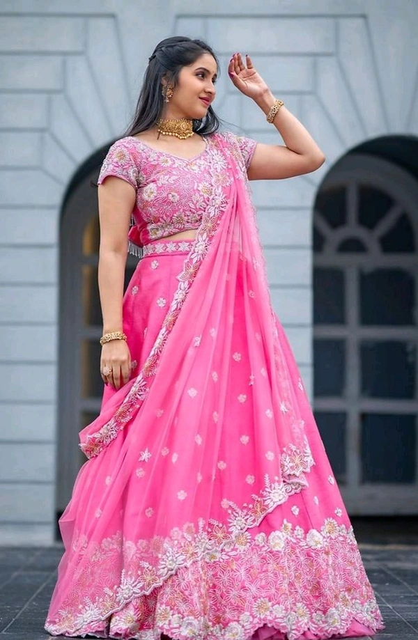 Classic Lehenga Choli with Embroidery Work and Elegant Dupatta for Weddings - Brilliant Rose, L