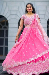 Classic Lehenga Choli with Embroidery Work and Elegant Dupatta for Weddings - Brilliant Rose, L